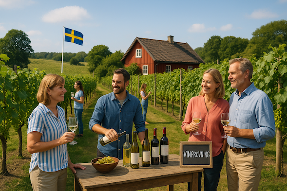 Svensk vingård med besökare – gårdsförsäljning av vin i Sverige enligt nya regler