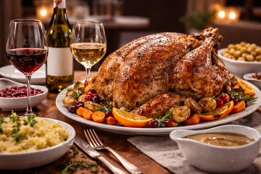 Kalkonmiddag med ugnsrostad kalkon och tillbehör på dukat bord, med matchande vin i glas bredvid.